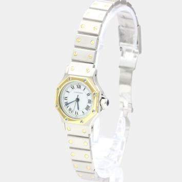 Pre Owned Cartier White 18k Yellow Gold And Stainless Steel Santos Octagon Automatic Women's Wristwatch 24 mm