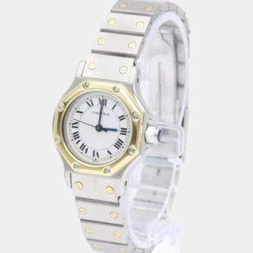 Pre Owned Cartier White 18k Yellow Gold And Stainless Steel Santos Octagon Automatic Women's Wristwatch 24 mm