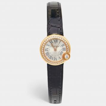 Pre Owned Cartier Silver 18K Rose Gold Alligator Leather Diamond Ballon Blanc WJBL0004 Women's Wristwatch 26.10 mm