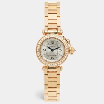 Pre Owned Cartier Silver 18k Rose Gold Diamond Miss Pasha WJ124013 Women's Wristwatch 27 mm