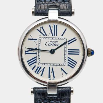 Pre Owned Cartier Silver 925 Silver Leather Must De Cartier 1860 Women's Wristwatch 30 mm