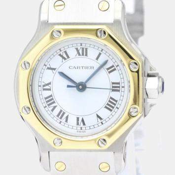 Pre Owned Cartier White 18K Yellow Gold And Stainless Steel Santos Octagon Women's Wristwatch 24 mm
