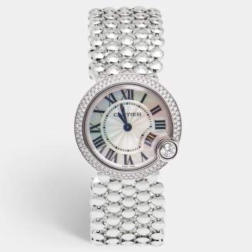 Pre Owned Cartier Mother Of Pearl 18k White Gold Diamonds Ballon Blanc De Cartier WE902072 Women's Wristwatch 30 mm