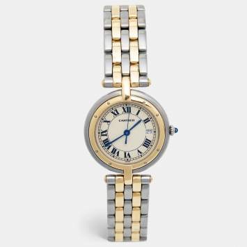 Pre Owned Cartier White 18k Yellow Gold And Stainless Steel Panthere 183964 Women's Wristwatch 30 mm