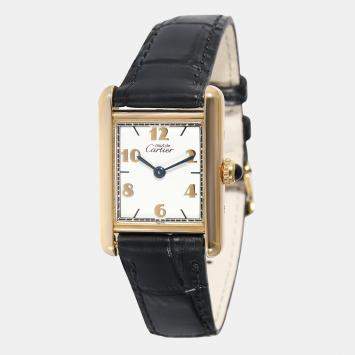 Pre Owned Cartier White Yellow Gold Plated Stainless Steel Must Tank Vermeil 160680 Women's Wristwatch 20.5 mm