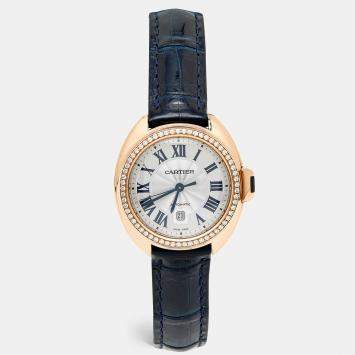 Pre Owned Cartier Silver Diamond 18K Rose Gold Alligator Leather Clé de Cartier WJCL0047 Women's Wristwatch 31 mm