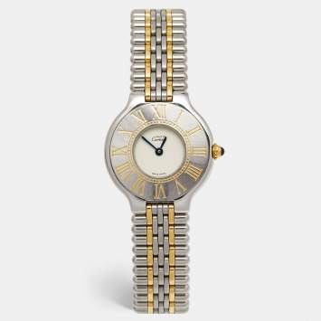 Pre Owned Cartier Cream 18k Yellow Gold Stainless Steel Must 21 Women's Wristwatch 28 mm 