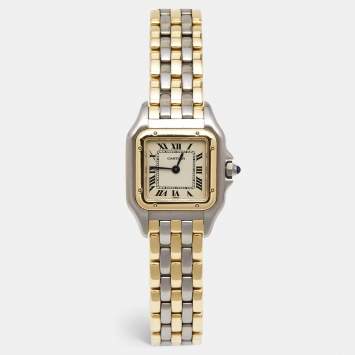 Pre Owned Cartier Cream 18K Yellow Gold Stainless Panthere 112000R Women's Wristwatch 23 mm