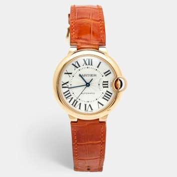 Pre Owned Cartier Silver 18K Rose Gold Alligator Leather Ballon Bleu 3003 Women's Wristwatch 36 MM