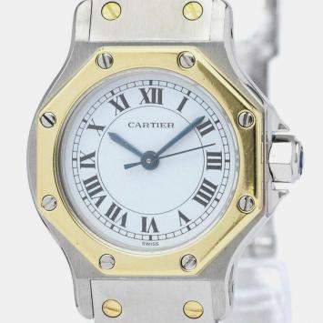 Pre Owned Cartier White 18K Yellow Gold And Stainless Steel Santos Octagon Automatic Women's Wristwatch 24 mm
