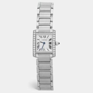 Pre Owned Cartier Silver Stainless Steel Diamond Tank Francaise W4TA0008 Women's Wristwatch 20 mm