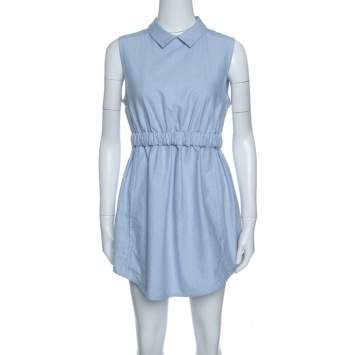 مملوكة مسبقًا Carven Blue Chambray Gathered Waist Sleeveless Dress M