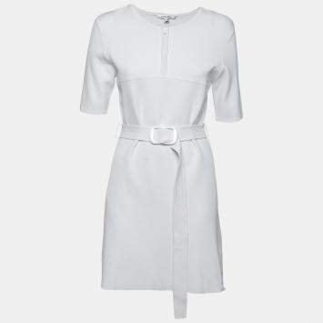 Pre Owned Carven White Rib Knit Belted Short Sleeve Skater Dress L