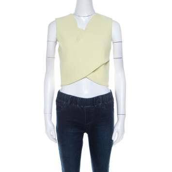 Pre Owned Carven Lime Green Crepe Scalloped Cross Over Crop Top M