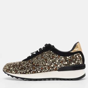 Pre Owned Casadei Black/Gold Suede and Leather Studded Low Top Sneakers Size 37
