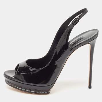 Casadei Black Patent Leather Platform Slingback Sandals Size 38.5