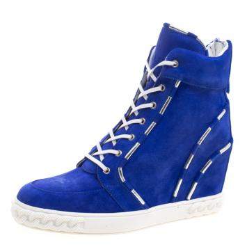 Pre Owned Casadei Blue Suede High Top Wedge Sneakers Size 37.5