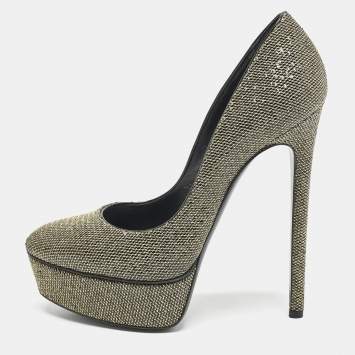 Pre Owned Casadei Black/Gold Glitter and Lamé Fabric Daisy Platform Pumps Size 38