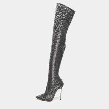 Casadei Grey Leopard Print Lurex Fabric Thigh High Boots Size 36