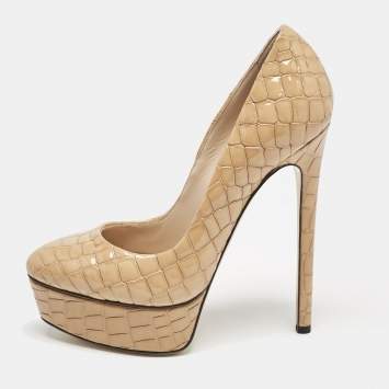 Casadei Beige Croc Embossed Patent Leather Platform Pumps Size 36