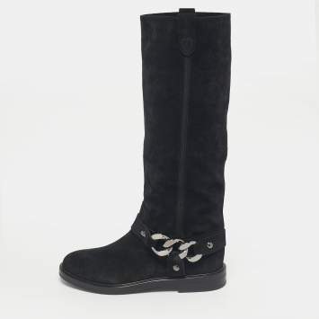 Pre Owned Casadei Black Suede Chain Detail Knee Length Boots Size 38.5
