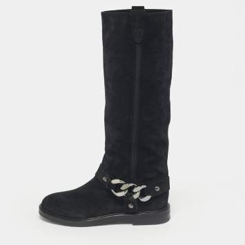 Pre Owned Casadei Black Suede Chain Detail Knee Length Boots Size 39