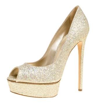 Pre Owned Casadei Glitter Lamé Fabric Daisy Peep Toe Platform Pumps Size 40