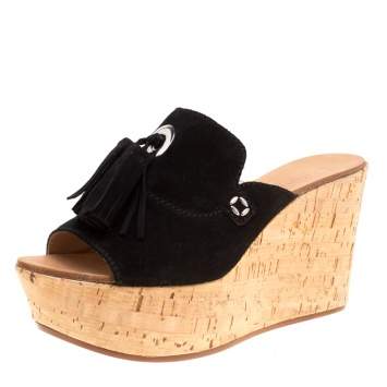 Pre Owned Casadei Black Suede Tassel Peep Toe Cork Platform Wedge Slides Size 40