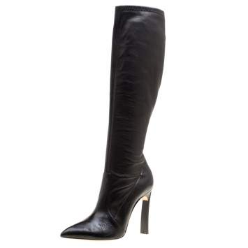 Pre Owned Casadei Black Leather Pointed Toe Knee Length Boots Size 40