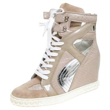 Pre Owned Casadei Beige Leather And Suede Wedge Lace Up Sneakers Size 40