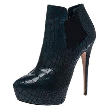 مملوكة مسبقًا Casadei Green Croc Embossed Leather Platform Booties Size 39.5