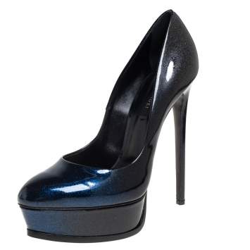 Pre Owned Casadei Metallic Black/Blue Patent Leather Platform Pumps Size 40