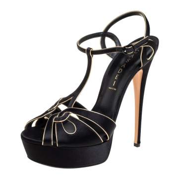 مملوكة مسبقًا Casadei Black/Gold Satin T-Strap Open Toe Platform Sandals Size 40