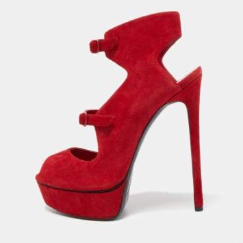 Pre Owned Casadei Red Suede Buckle Detail Platform Peep Toe Sandals Size 40
