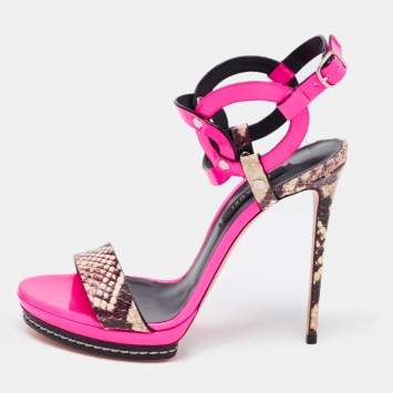 Pre Owned Casadei Fuschia Pink Patent and Snakeskin Embossed Roccia Ankle Strap Sandals Size 38
