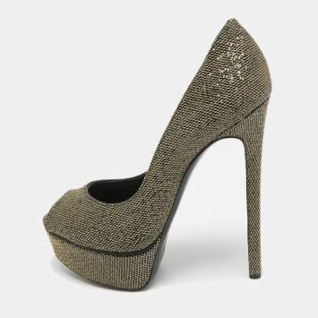 Pre Owned Casadei Gold/Black Glitter & Lame Fabric Daisy Peep Toe Pumps Size 38.5