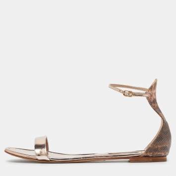 Pre Owned Casadei Metallic Leather and Lizard Embossed Ankle Strap Sandals Size 39.5