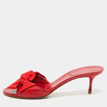 Pre Owned Casadei Red Leather and Fabric Bow Slide Sandals Size 39