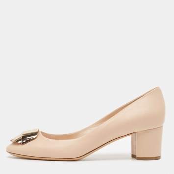 Pre Owned Casadei Beige Leather Block Heel Pumps Size 37
