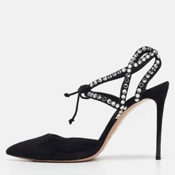 Pre Owned Casadei Black Suede Crystal Embellished Ankle Strap Pumps Size 37