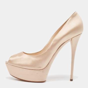 Pre Owned Casadei Beige Satin Platform Peep Toe Pumps Size 41