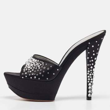 Pre Owned Casadei Black Satin Crystal Embellished Slide Sandals Size 39.5