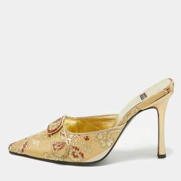 Pre Owned Casadei Gold Floral Embroidered Fabric Mules Size 36.5