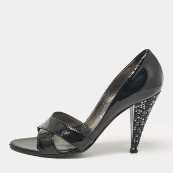 Pre Owned Casadei Black Patent Leather Crystal Embellished Heel Open Toe Pumps Size 38