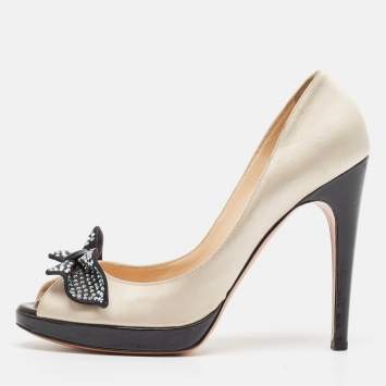 Pre Owned Casadei Beige/Black Satin Crystal Bow Peep Toe Pumps Size 39