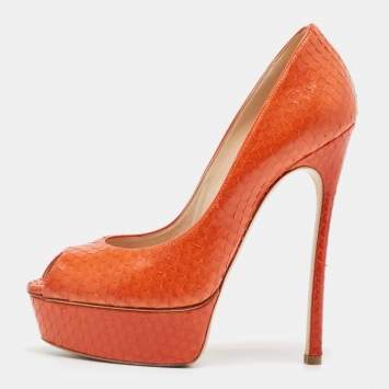 Pre Owned Casadei Orange Python Leather Peep Toe Pumps Size 38