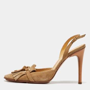 Pre Owned Casadei Beige Suede Fringe Detail Slingback Pumps Size 40