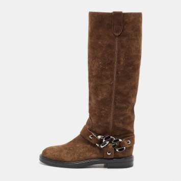 Pre Owned Casadei Brown Suede Chain Detail Knee Length Boots Size 36