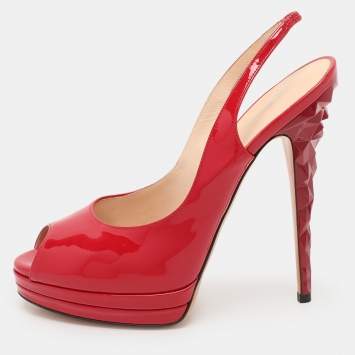 Pre Owned Casadei Red Patent Leather Slingback Platform Pumps Size 38