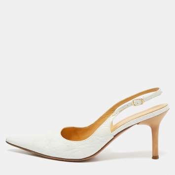 Pre Owned Casadei White Leather Pointed Toe Slingback Pumps Size 37.5